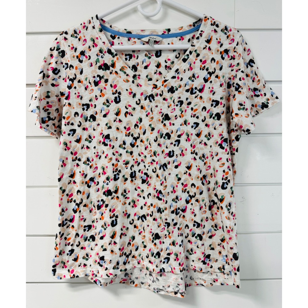 Joules Womens V-Neck T-Shirt Multi-Color Leopard Animal Print Cotton Top Size 10